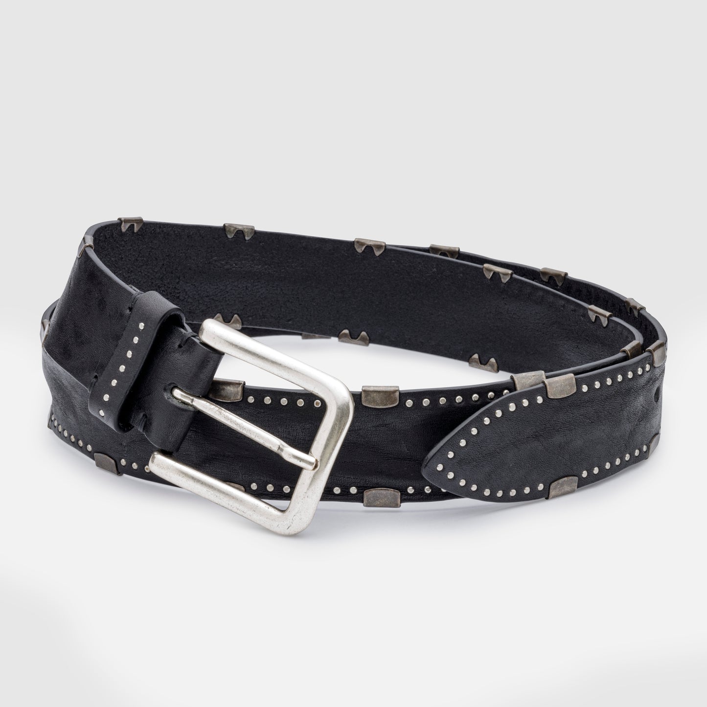 WASHED DOUGLAS BLACK LEATHER BELTS WITH STUDS AND MATT SILVER BUCKLE H 3,5cm