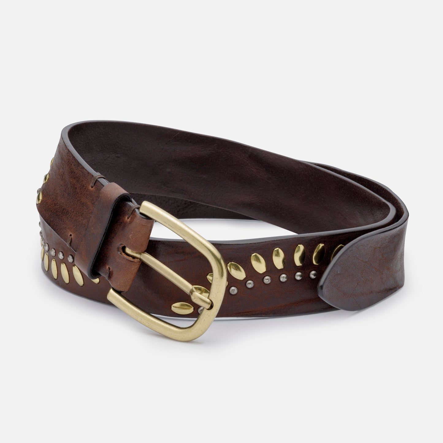VINTAGE ESPRESSO LEATHER BELTS WITH STUDS AND BRASS BUCKLE H 4cm