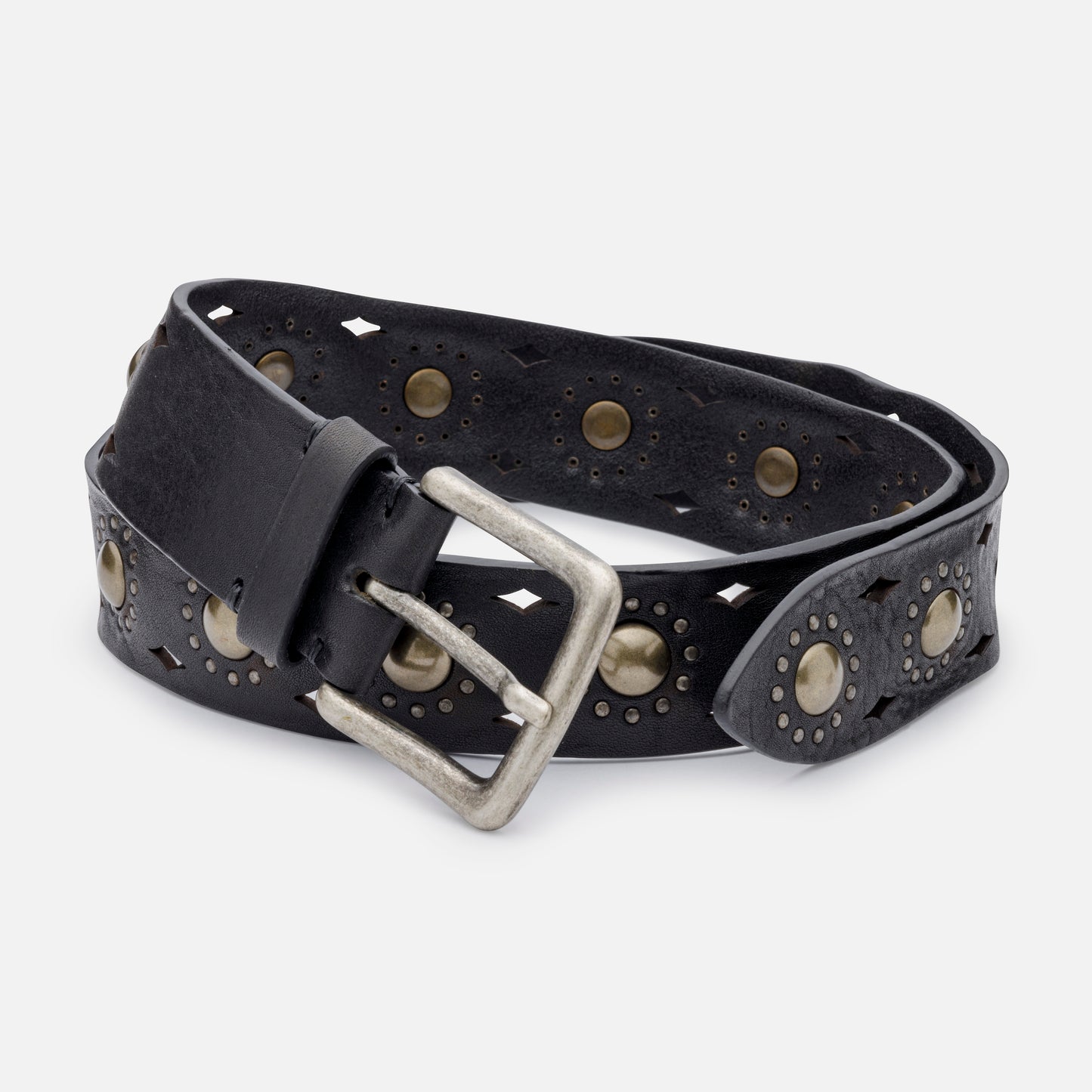 VINTAGE LEATHER BELTS WITH LASER AND STUDS AND ANTIQUE NIKEL BUCKLE H 4cm