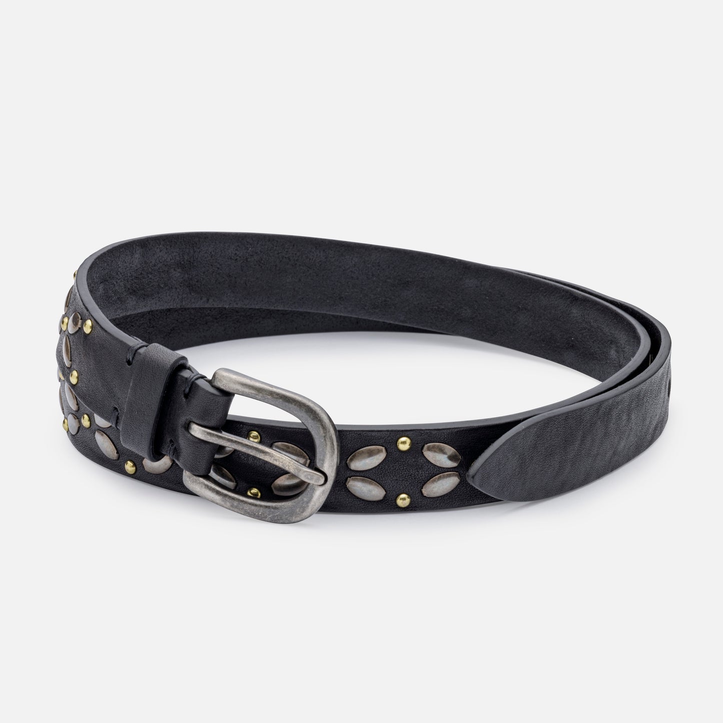 VINTAGE LEATHER BELTS BALCK WITH STUDS AND ENGLISH SILVER BUCKLE H 2,5 cm