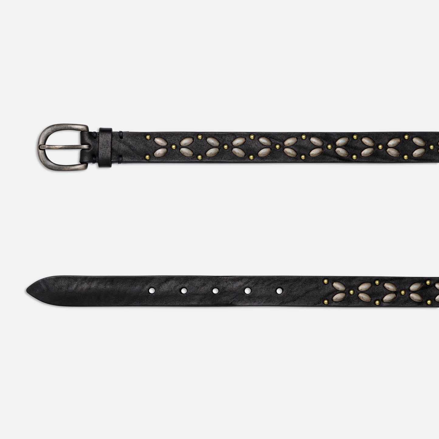 VINTAGE LEATHER BELTS BLACK WITH STUDS AND ENGLISH SILVER BUCKLE H 2,5 cm