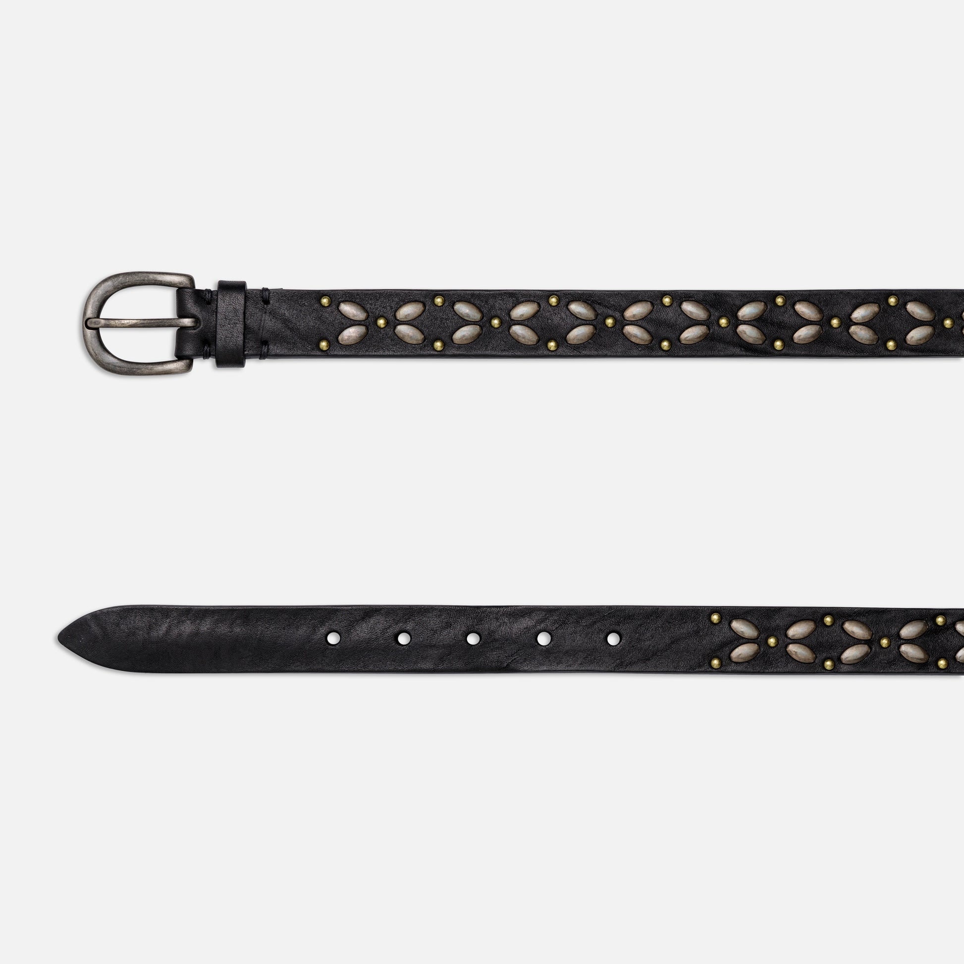 VINTAGE LEATHER BELTS BLACK WITH STUDS AND ENGLISH SILVER BUCKLE  H 2,5 cm