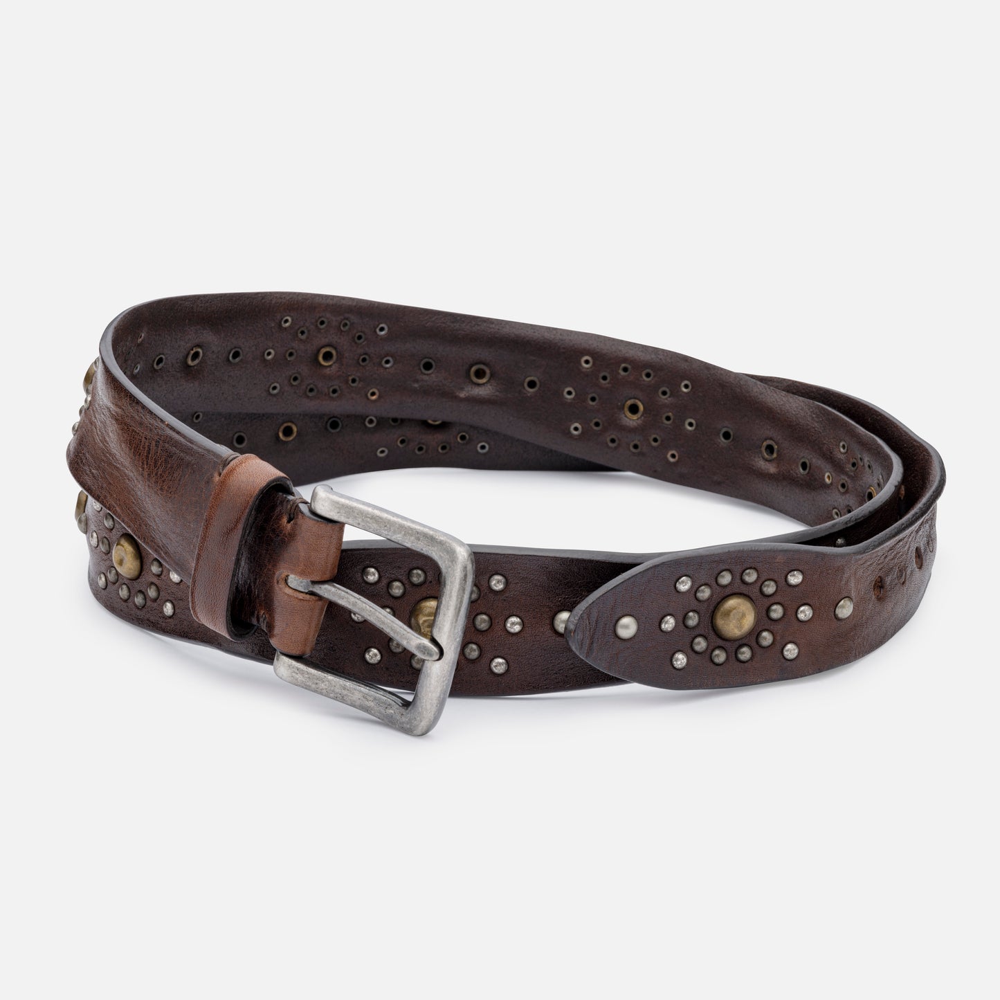 VINTAGE DARK BROWN LEATHER BELTS WITH STUDS AND ENGLISH SILVER BUCKLE H 3,5cm