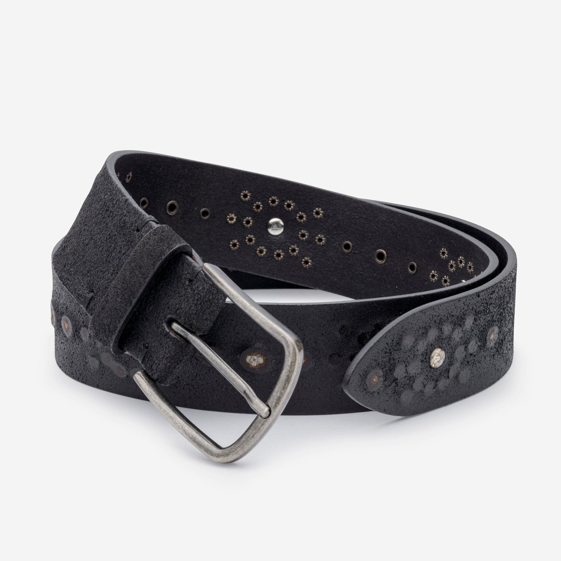 BLACK VINTAGE LEATHER BELTS WITH STUDS AND ENGLISH SILVER BUCKLE  H 4 cm