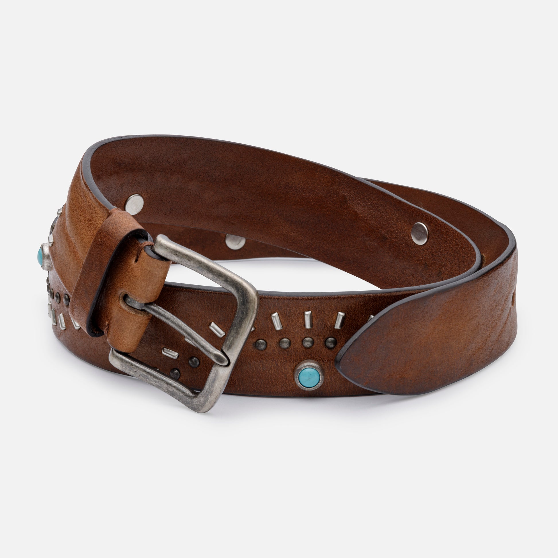 VINTAGE COGNAC LEATHER BELTS WITH STUDS AND BLACKED SILVER BUCKLE H 4cm