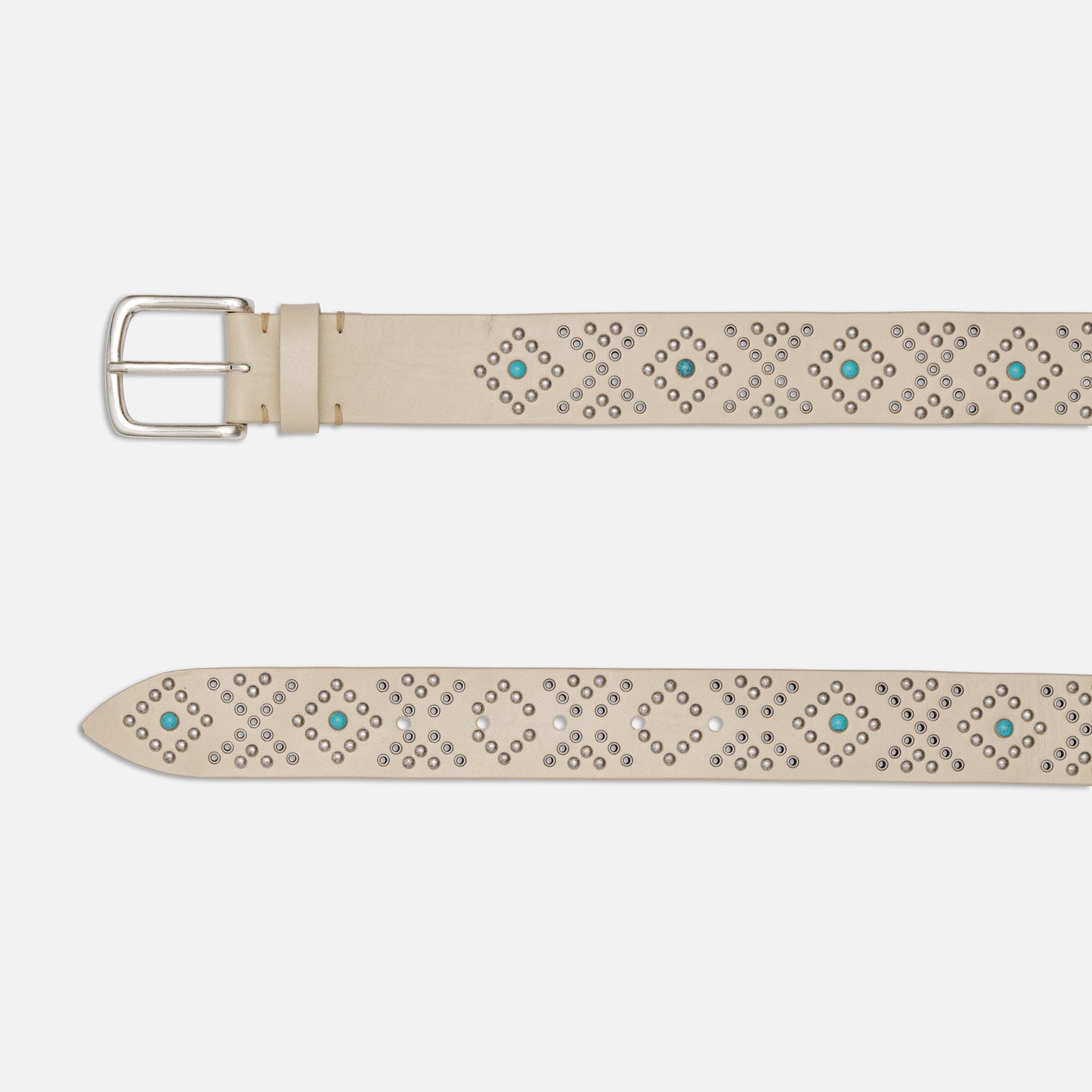 VINTAGE LEATHER OFF WHITE BELTS WITH STUDS WITH ENGLISH SILVER BUCKLE  H 3,5cm