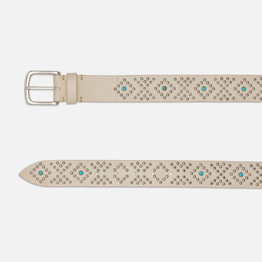 VINTAGE LEATHER OFF WHITE BELTS WITH STUDS WITH ENGLISH SILVER BUCKLE  H 3,5cm