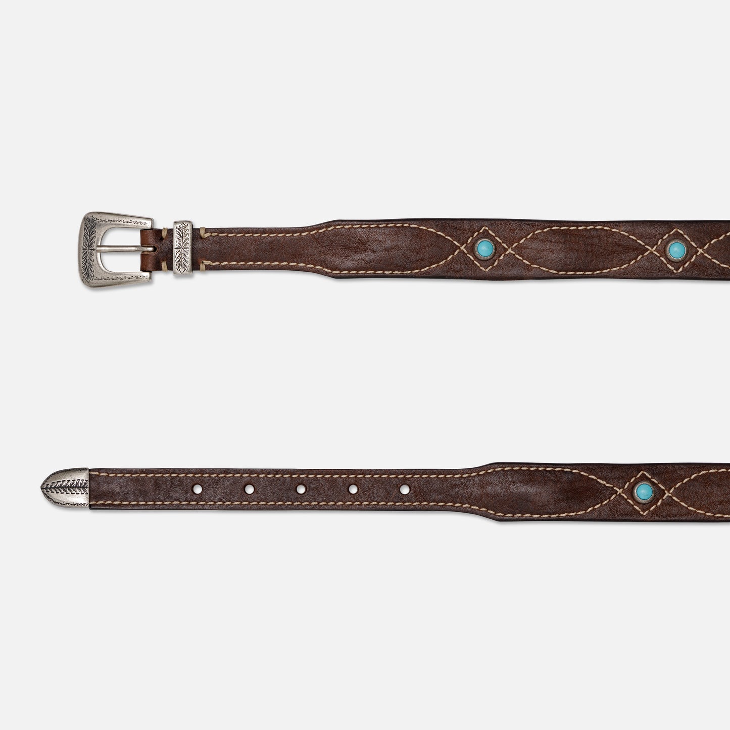 VINTAGE ESPRESSO LEATHER BELTS WITH STUDS WITH SILVER BUCKLE AND TIP H 3cm