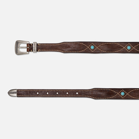 VINTAGE ESPRESSO LEATHER BELTS WITH STUDS WITH SILVER BUCKLE AND TIP  H 3cm