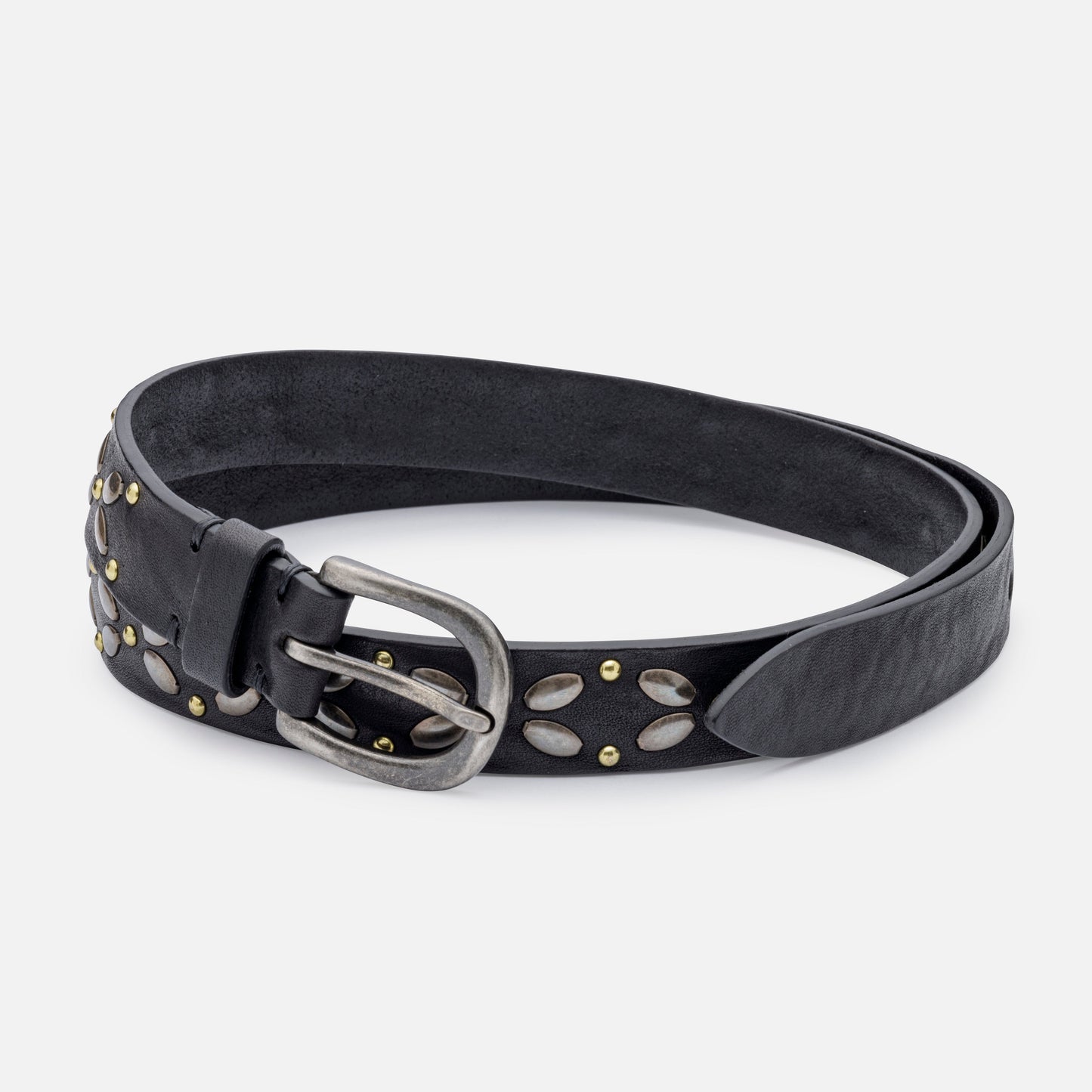 Vintage leather belt with studs and English silver buckle, black — handcrafted in Tuscany, Post & Co