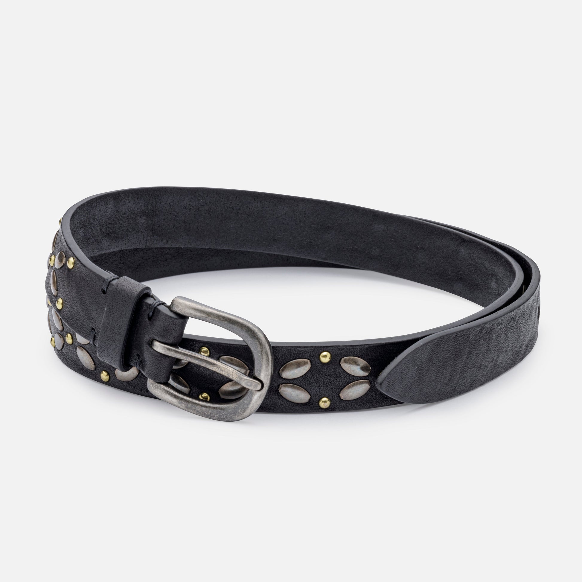 Vintage leather belt with studs and English silver buckle, black — handcrafted in Tuscany, Post & Co