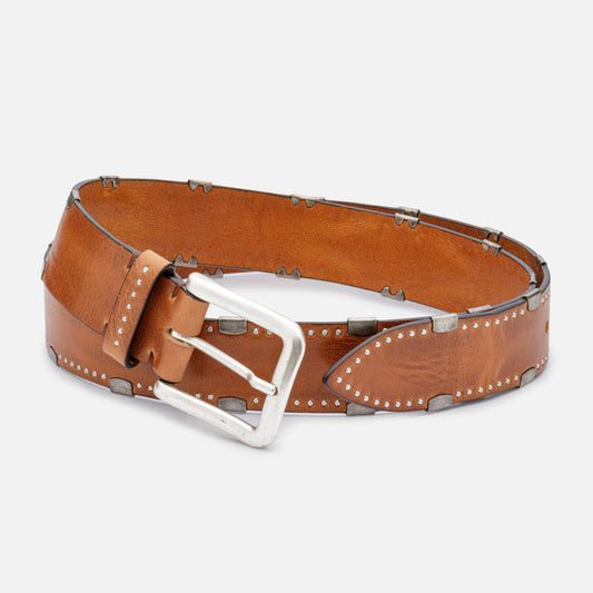 WASHED DOUGLAS COGNAC LEATHER BELTS WITH STUDS AND MATT SILVER BUCKLE  H 3,5cm