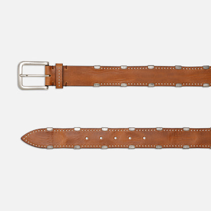 WASHED DOUGLAS COGNAC LEATHER BELTS WITH STUDS AND MATT SILVER BUCKLE  H 3,5cm