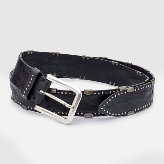 WASHED DOUGLAS BLACK LEATHER BELTS WITH STUDS AND MATT SILVER BUCKLE  H 3,5cm