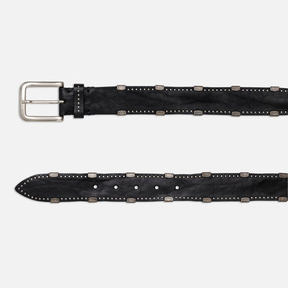 WASHED DOUGLAS BLACK LEATHER BELTS WITH STUDS AND MATT SILVER BUCKLE  H 3,5cm