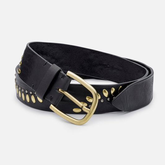 VINTAGE BLACK LEATHER BELTS WITH STUDS AND BRASS BUCKLE H 4cm