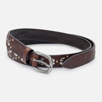 VINTAGE LEATHER BELTS ESPRESSO WITH STUDS AND ENGLISH SILVER BUCKLE  H 2,5 cm