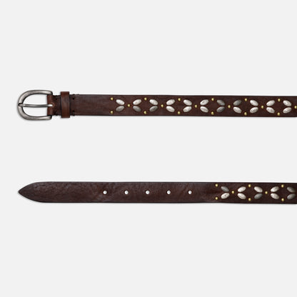 VINTAGE LEATHER BELTS ESPRESSO WITH STUDS AND ENGLISH SILVER BUCKLE  H 2,5 cm