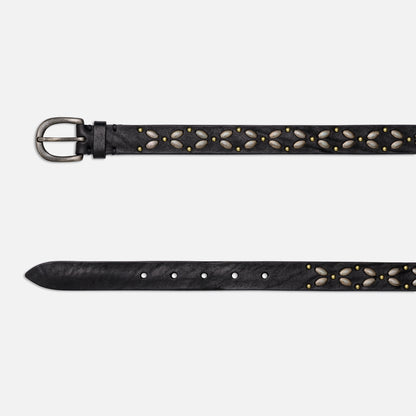 VINTAGE LEATHER BELTS BLACK WITH STUDS AND ENGLISH SILVER BUCKLE  H 2,5 cm
