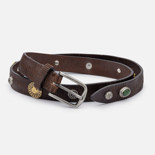 BLADE LUX LEATHER BELTS TESTA MORO WITH STUDS AND ENGLISH SILVER BUCKLE  H 2,5 cm