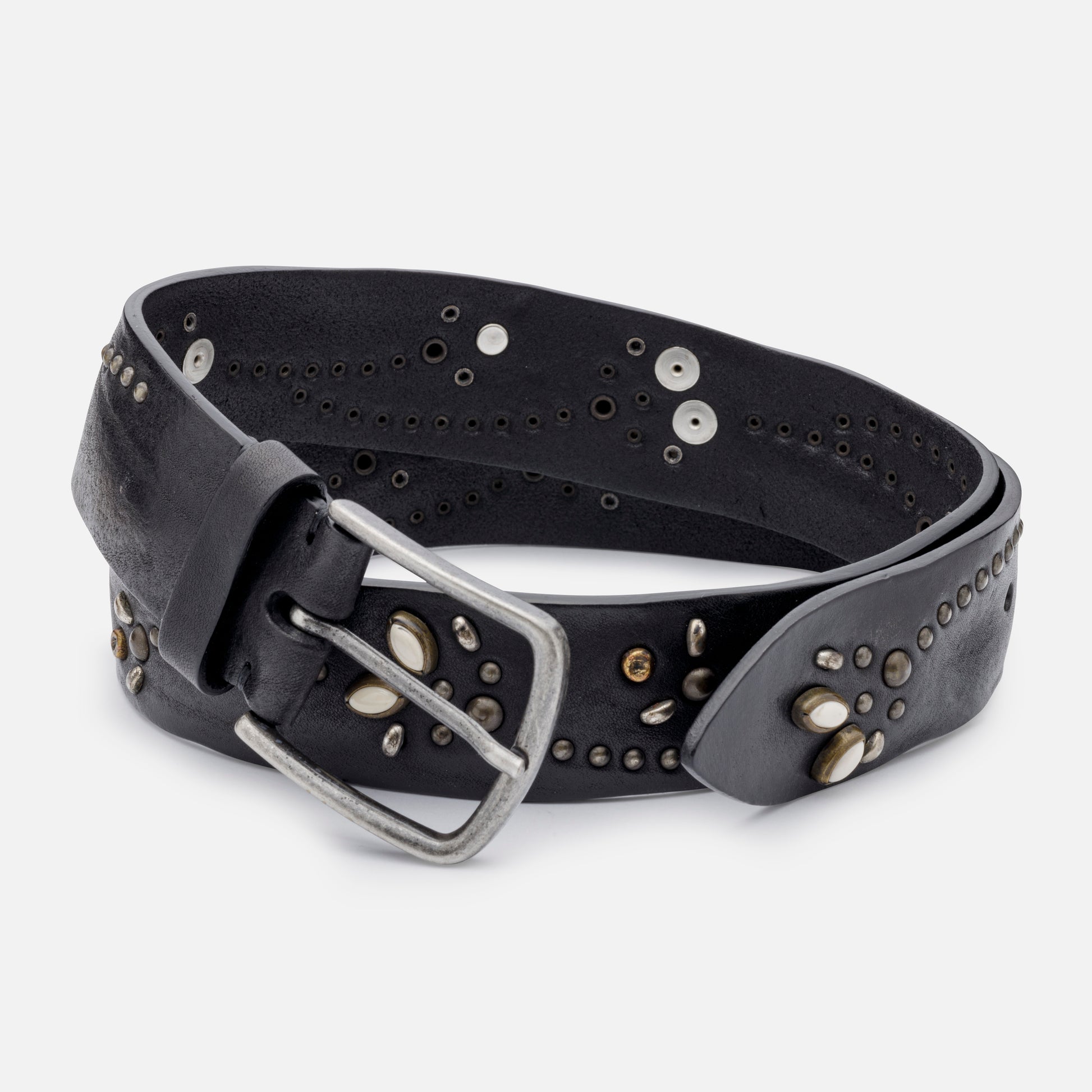 VINTAGE LEATHER BELTS BLACK WITH STUDS AND SILVER BUCKLE  H 4cm
