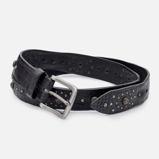 HIMALAYA BLACK LEATHER BELTS WITH STUDS AND ENGLISH SILVER BUCKLE  H 3,5cm