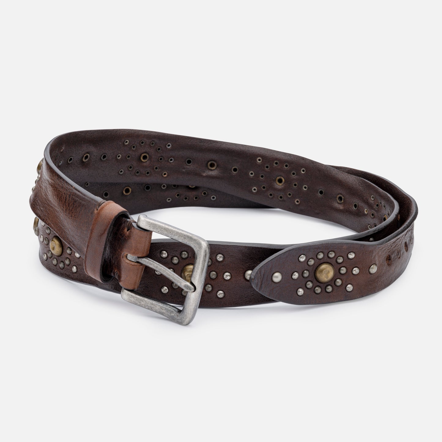 VINTAGE DARK BROWN LEATHER BELTS WITH STUDS AND ENGLISH SILVER BUCKLE  H 3,5cm