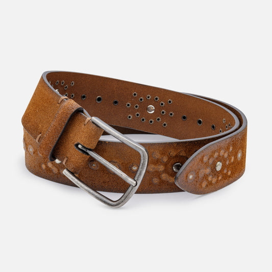 COGNAC VINTAGE LEATHER BELTS WITH STUDS AND ENGLISH SILVER BUCKLE  H 4 cm