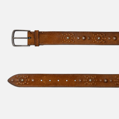 COGNAC VINTAGE LEATHER BELTS WITH STUDS AND ENGLISH SILVER BUCKLE  H 4 cm