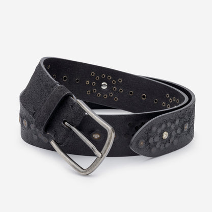 BLACK VINTAGE LEATHER BELTS WITH STUDS AND ENGLISH SILVER BUCKLE  H 4 cm