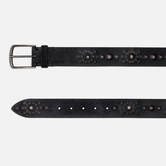 BLACK VINTAGE LEATHER BELTS WITH STUDS AND ENGLISH SILVER BUCKLE  H 4 cm
