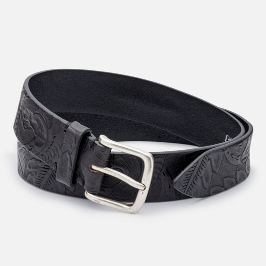 BLACK WESTERN LEATHER BELTS WITH CARVINGS AND SILVER BUCKLE  H 3,5 cm