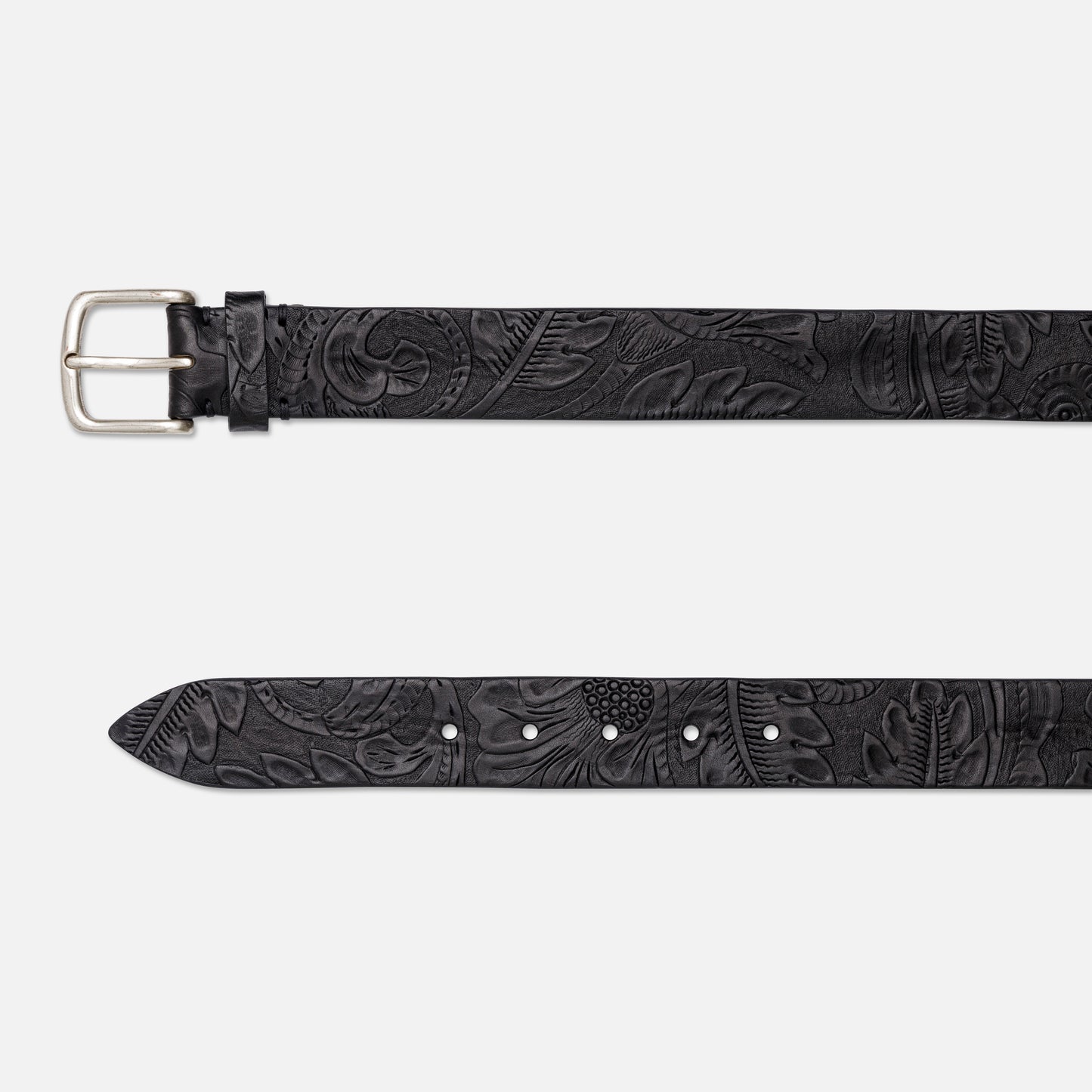 BLACK WESTERN LEATHER BELTS WITH CARVINGS AND SILVER BUCKLE  H 3,5 cm