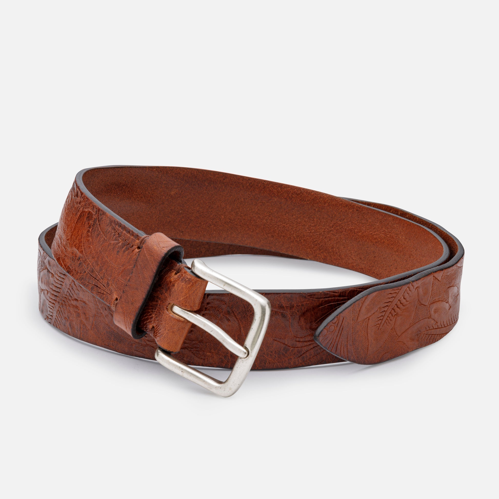 LIGHT BROWN WESTERN LEATHER BELTS WITH CARVINGS AND SILVER BUCKLE  H 3,5 cm