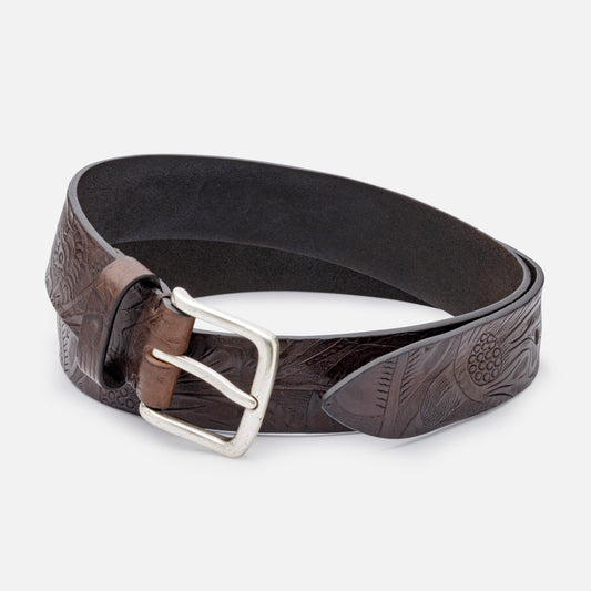 DARK BROWN WESTERN LEATHER BELTS WITH CARVINGS AND SILVER BUCKLE
