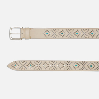 VINTAGE LEATHER OFF WHITE BELTS WITH STUDS WITH ENGLISH SILVER BUCKLE  H 3,5cm