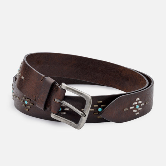 VINTAGE ESPRESSO LEATHER BELTS WITH STUDS AND BLACKED SILVER BUCKLE  H 3,5cm