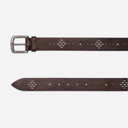 VINTAGE ESPRESSO LEATHER BELTS WITH STUDS AND BLACKED SILVER BUCKLE  H 3,5cm