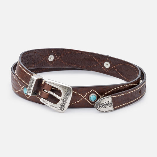 VINTAGE ESPRESSO LEATHER BELTS WITH STUDS WITH SILVER BUCKLE AND TIP  H 3cm