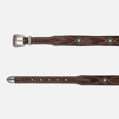 VINTAGE ESPRESSO LEATHER BELTS WITH STUDS WITH SILVER BUCKLE AND TIP  H 3cm